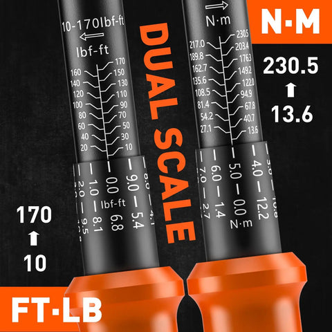Close-up of dual scale on Half Inch Drive Click Torque Wrench Set With 10 To 170 Ft-Lb And 13.6 To 230.5 Nm Range, showing measurements.