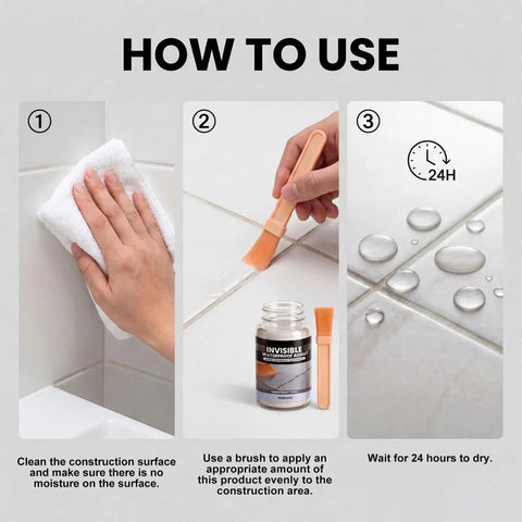 How to use Clear Liquid Waterproof Sealant Brush Application for bathroom grout and tile, showcasing cleaning, application, and drying.