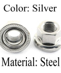 Close-up view of Heavy Duty M10 Bike Wheel Hub Axle Nuts Set, 2 Pcs, 7075 Aluminum Alloy Bicycle Accessories, shown in silver steel.