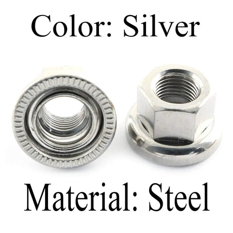 Close-up view of Heavy Duty M10 Bike Wheel Hub Axle Nuts Set, 2 Pcs, 7075 Aluminum Alloy Bicycle Accessories, shown in silver steel.