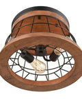 Round Wood Ceiling Light Fixture, Rustic Drum Flush Mount With Brown Oak Finish And Black Metal Wire Cage, Industrial Farmhouse Vibe