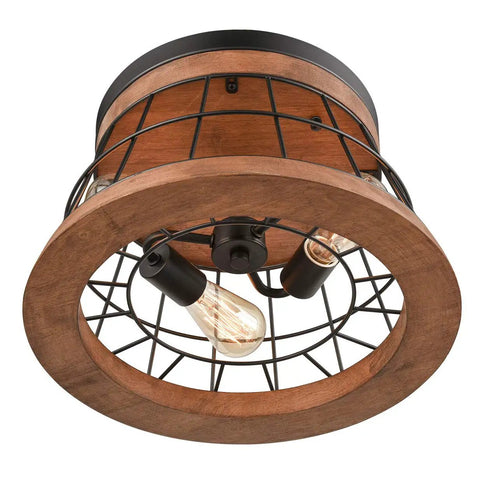 Round Wood Ceiling Light Fixture, Rustic Drum Flush Mount With Brown Oak Finish And Black Metal Wire Cage, Industrial Farmhouse Vibe
