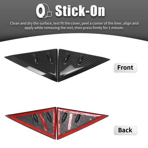 Front and back view of Dope Carbon Fiber Side Mirror Triangle Panel Trim For Land Cruiser J300 LC300 GX GXL VX Sahara ZX GR Sport 2022 To 2026 A Pillar Quarter Window Cover, Scratch Resistant, Ultra Lightweight 3K Weave Exterior Accent, showing stick-on adhesive.
