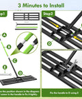 Instructional guide for assembling Lawn Leveling Rake With 6.5 Foot Stainless Steel Handle, showing steps and parts layout.