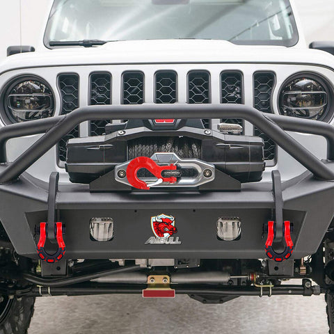 Red D-ring shackles mounted on a Jeep bumper, part of the Heavy Duty Three Quarters Inch D Ring Shackle 70,000 Lb Break Strength Kit