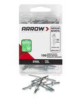 Badass One Eighth Inch Steel Pop Rivets 100 Pack For Sheet Metal Auto Body Work And Fabric Crafting DIY Rivet Gun Fasteners in packaging.