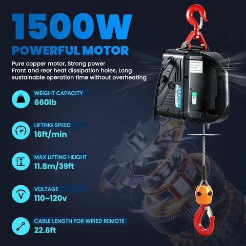 1500W 3 In 1 Electric Hoist Winch 660 Lb Portable Heavy Duty Power Crane with remote and cables, highlighting capacity and specs