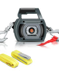 360 Degree Rotating Handheld Drill Winch 1500 Lb Capacity With 40 Ft Synthetic Rope, features dual hooks and yellow straps for towing.