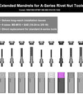 Image showing various sizes of extended rivet nut mandrels and nosepieces for A-Series tools, including M5 to 3/8-16.