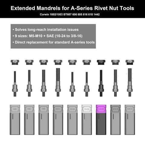 Image showing various sizes of extended rivet nut mandrels and nosepieces for A-Series tools, including M5 to 3/8-16.