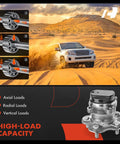 Diagram showing Nissan Rogue rear wheel bearing and hub assembly with high-load capacity and a car driving in the desert background.