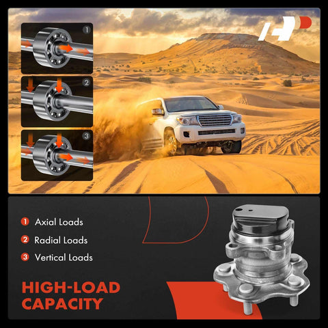 Diagram showing Nissan Rogue rear wheel bearing and hub assembly with high-load capacity and a car driving in the desert background.