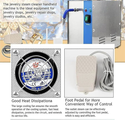Professional Jewelry Steam Cleaner Turns Old Bling Into Fresh Sparkle In Seconds With Two Liter Stainless Steel Tank for cleaning equipment with foot pedal.