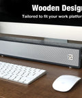 Vintage Wooden Mini PC Sound Bar With 3.5mm Aux, USB Powered Desktop Speakers for Monitor, Laptop, and Tablet on wooden desk.