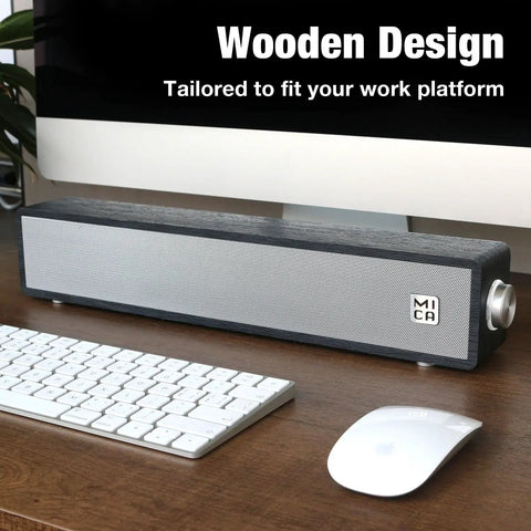 Vintage Wooden Mini PC Sound Bar With 3.5mm Aux, USB Powered Desktop Speakers for Monitor, Laptop, and Tablet on wooden desk.