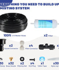 Outdoor Misting System for Patio and Garden 100 Foot Mist Line With 32 Brass Nozzles and Water Filter Ideal for Greenhouse