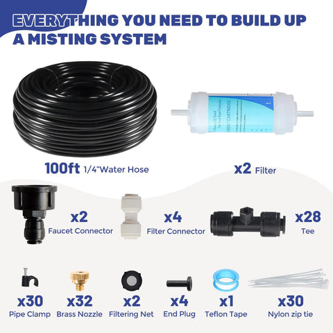 Outdoor Misting System for Patio and Garden 100 Foot Mist Line With 32 Brass Nozzles and Water Filter Ideal for Greenhouse