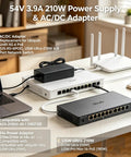 54V 210W Power Supply Adapter For Ubiquiti UniFi Switch XG 6 PoE Beefed Up Replacement Power Source US XG 6POE USW Ultra 210W 6 Port Network Switch Plug And Play Ready, black AC/DC adapter on desk