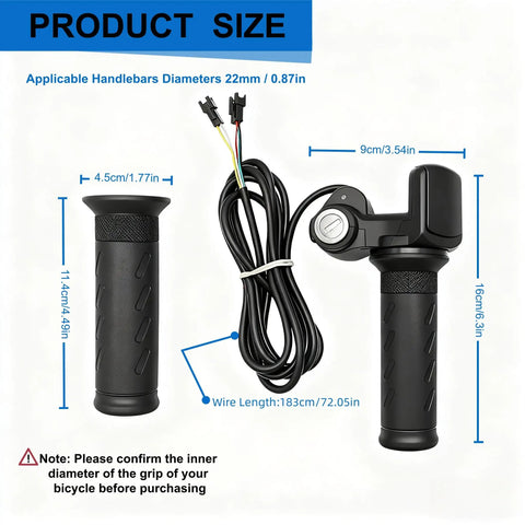 Full Twist Throttle Upgrade For E Bikes And Scooters, 48V 3 Pin Universal Throttle With LCD Display And Key Lock, shown with dimensions
