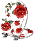 Quiet Close Elongated Toilet Seat for Bathroom with red rose design, durable material, and chrome hinges, shown at an angle.