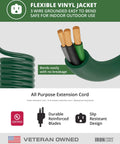 Cross-section of a weatherproof 75 ft outdoor extension cord 16/3 SJTW heavy duty green 3 prong 10 amp exterior power cable.