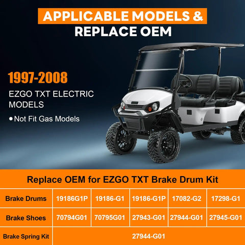 Electric Golf Cart Brake Drum Maintenance Kit For TXT PDS 1997 And Up Not For Gas Models chart and electric cart image