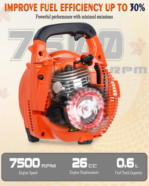 Gas Leaf Blower 26cc Handheld with Beast Power, 180 MPH Wind and 380 CFM, orange 2 cycle engine close-up