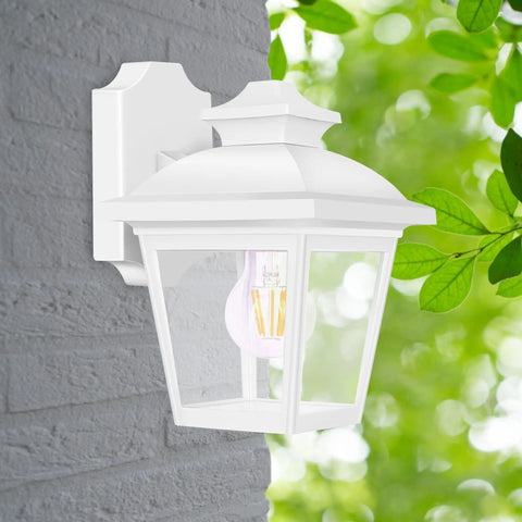 Outdoor Wall Lantern No Fuss Waterproof Porch Light For Front Door Garage And Patio With Anti Corrosion Plastic Build And Clear Acrylic Panels White Finish Bulb Included Sconce Fixture mounted on wall.