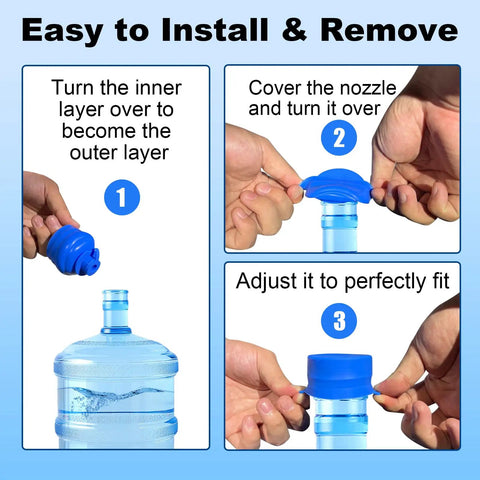Step-by-step installation of 3 Pack Reusable Food Grade Silicone Water Jug Cap For 3 And 5 Gallon Jugs With 55mm Mouth Standard Screw Crown Tops Leak Free Non Spill Cap For Water Bottles And Water Dispensers.