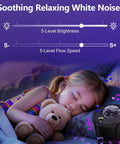 Child sleeping with Massive Coverage Galaxy Lights Projector Two Point Zero, musical notes and brightness controls visible.