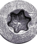 Close-up of a Torx star drive head on a Beefy Eight By One And One Half Inch Silver Star Stainless Steel Wood Screw, Grade 305 stainless.
