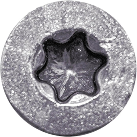 Close-up of a Torx star drive head on a Beefy Eight By One And One Half Inch Silver Star Stainless Steel Wood Screw, Grade 305 stainless.