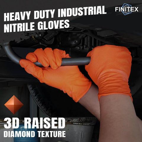 Heavy Duty Orange Nitrile Workhorse Gloves 6.3 Mil Thick Puncture Resistant Safety with Rock Solid Grip Texture for Greasy Chores and Sharp Tools Easy Donning 100 Small Count Pack Used During Mechanical Repairs.