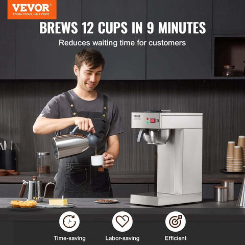 Man using 12 Cup Commercial Drip Coffee Maker With Thermal Vacuum Carafe Keeps Coffee Hot Or Cold All Day No Fuss For Restaurant Office Cafe