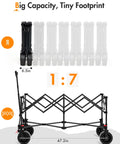 Collapsible Utility Wagon With Big Wheels, 300L Extra Large Foldable Cart frame extended showing compact 6.5in folded size
