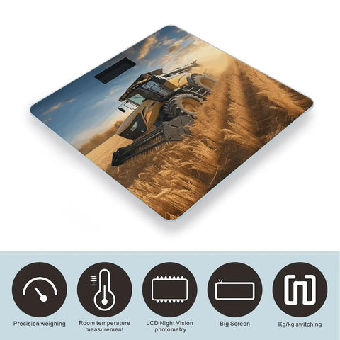Harvest Inspired Digital Bathroom Scale with Tempered Glass Platform featuring a tractor design on the surface.
