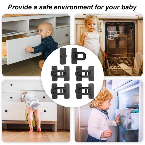 5 Pack Child Safety Cabinet Locks With 10 Adhesive Backings for baby proofing drawers and fridge, black ABS material shown with children.
