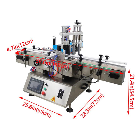 Fully Automatic Bottle Labeling Machine With Chain Conveyor Belt Applicator For Round And Square Packaging No Sweat Setup Adjustable Speed Fits 2.4 To 3.9 Inch Dead On One Millimeter Accuracy Smooth Operator Performance 110v Electric Power with dimensions 28.3in x 25.6in x 21.4in.