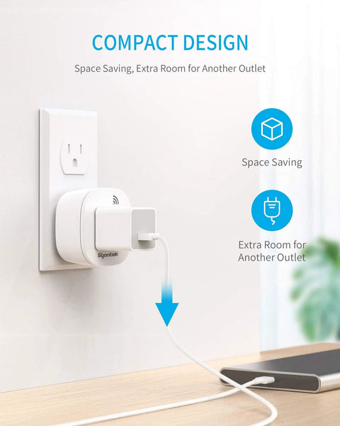 Wireless Remote Outlet Kit For Home Electronics And Lamps Expandable Light Switch System With 3 Outlets And Remote Up To 100 Ft Range Plug And Play FCC Certified ETL Listed Easy Install White showing a compact design with an outlet and charging cable.