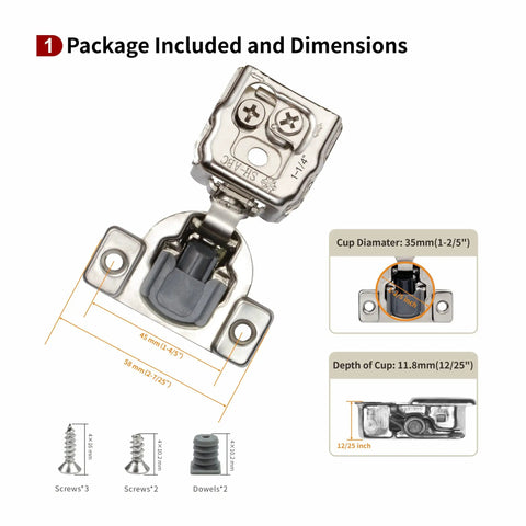 Dimensions of 20 Pack One And A Quarter Inch Overlay 3D Soft Close Concealed Hinges For Face Frame Kitchen Cabinets With 105 Degree Opening 35mm Cup 3 Way Adjustment Quiet Self Closing Damper