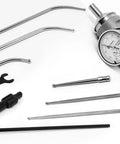 Front view of LLDSIMEX coaxial centering indicator with precision probe rods and adjustment tools for milling machines