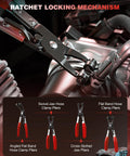 Heavy Duty Hose Clamp Pliers Set 9Pc Kit for Car Engine Repairs and DIY, showcasing ratchet locking mechanism in use.