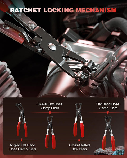 Heavy Duty Hose Clamp Pliers Set 9Pc Kit for Car Engine Repairs and DIY, showcasing ratchet locking mechanism in use.