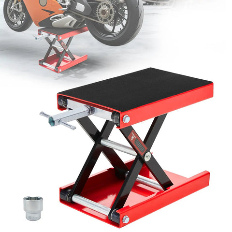 Beefy Heavy Duty Motorcycle Lift Scissor Jack 1200 Lb Capacity With Wide 9.06 By 14.57 Inch Deck Built To Last With All Steel Construction And Stable Anti Slip Platform For Bikes And ATVs Garage Repair Center Stand Red