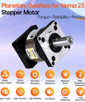 Beefy 50 To 1 Planetary Gearbox For Nema 23 Stepper, showcasing front view with 21mm input shaft and robustness icons.