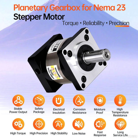 Beefy 50 To 1 Planetary Gearbox For Nema 23 Stepper, showcasing front view with 21mm input shaft and robustness icons.