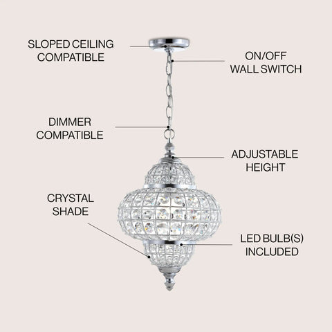 Chrome 12-Inch One-Light Crystal Pendant Light With Moroccan Quatrefoil Glam Design, adjustable chain, LED included