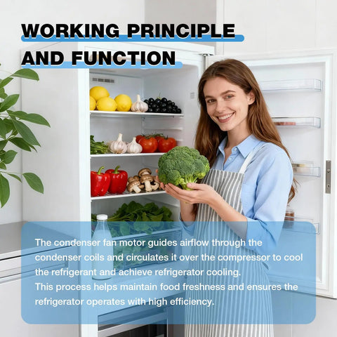 Woman holding broccoli next to open fridge with fruit, showing Universal Refrigerator Condenser Fan Motor 115V functionality.