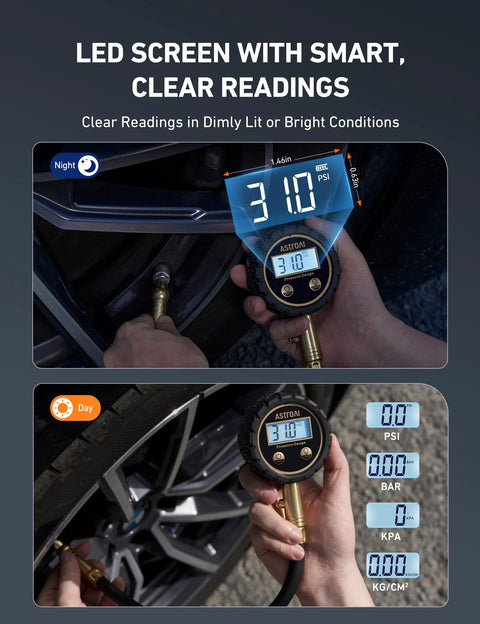 AstroAI tire pressure gauge with backlit LED display, solid brass body and rubber hose (front view).

AstroAI tire pressure gauge attached to tire valve during inflation; digital readout shows PSI, BAR.