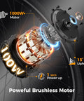 Detailed view of EB5 1000W Peak Brushless Motor for electric bike, showing power and components, ideal for commuting and light trail riding.